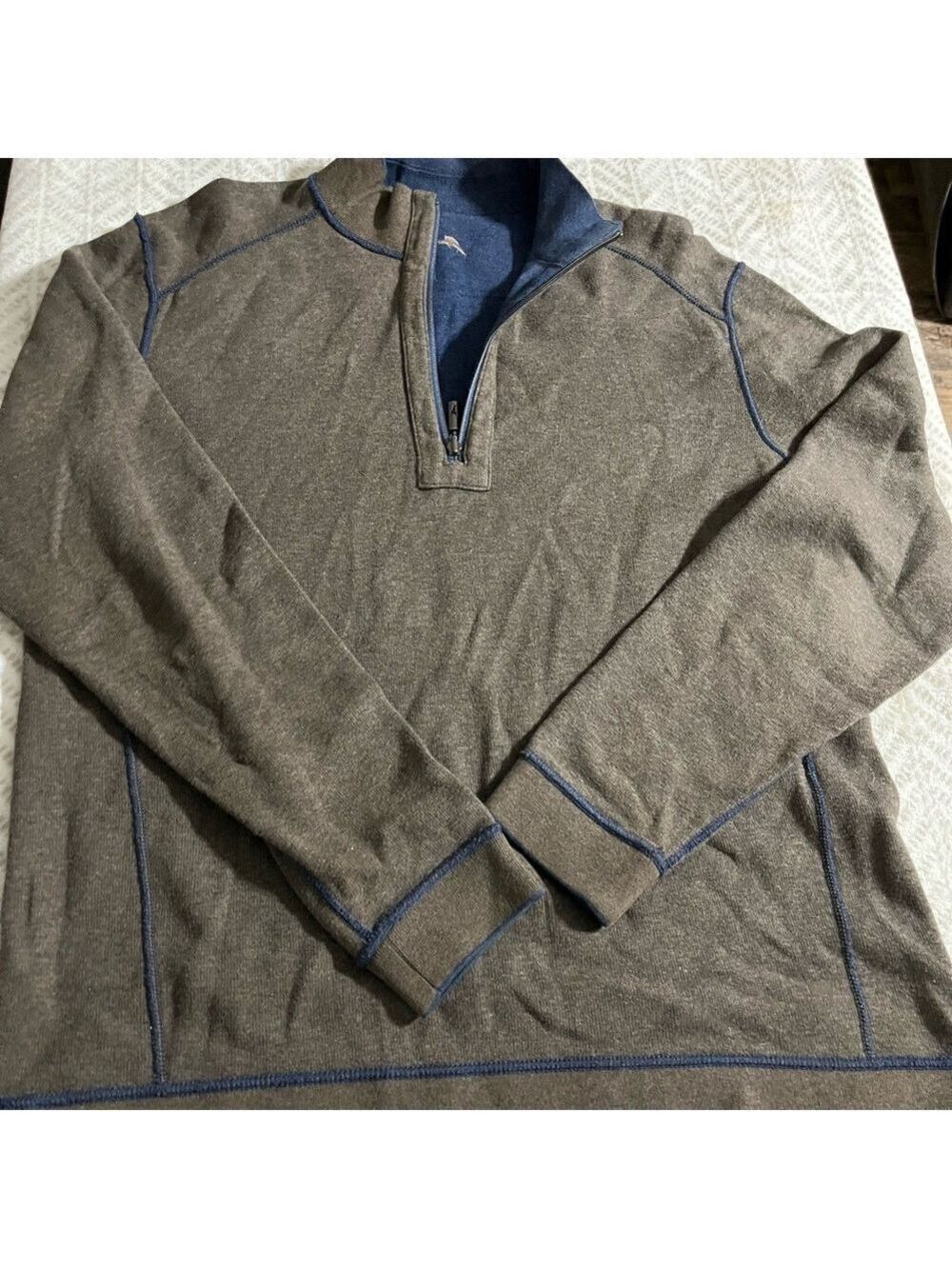 Tommy Bahama Men's Reversible Sweater Quarter Zip Blue/Brown Preppy